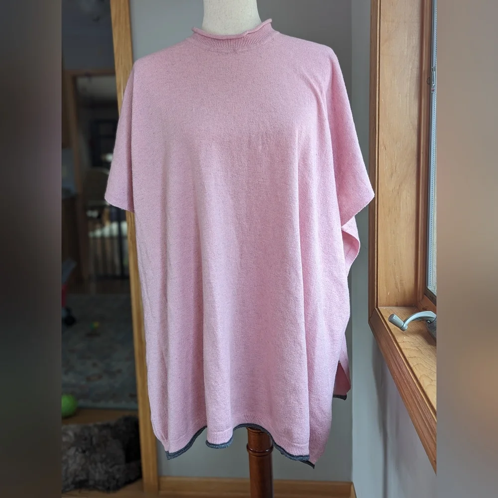 ECHO 23 NYC Convertible Women's Poncho Sweater -PEONY PINK Gray Trim-One Soze